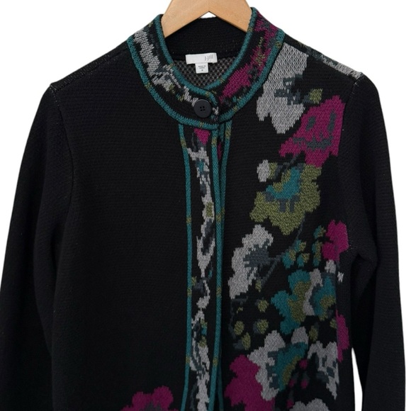 J. Jill Black Floral Jacquard Long Sweater Duster Coat Cardigan Medium - Picture 3 of 16